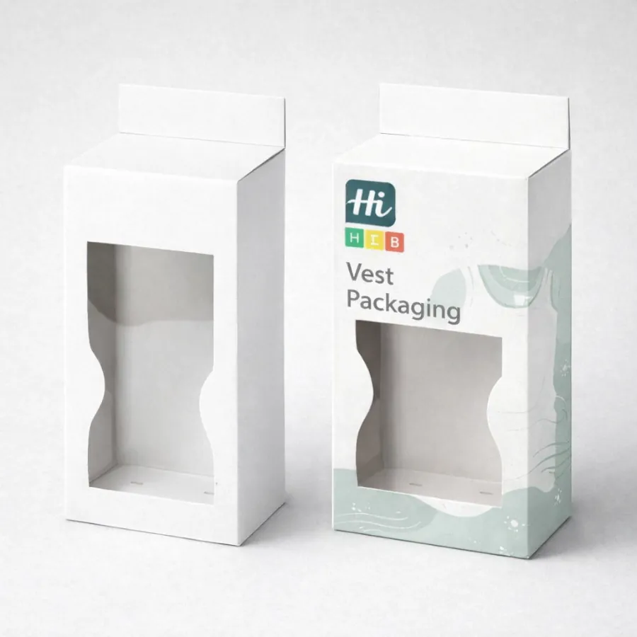 Two tall white boxes with a curved side window and a cardboard header tab for hanging- class=